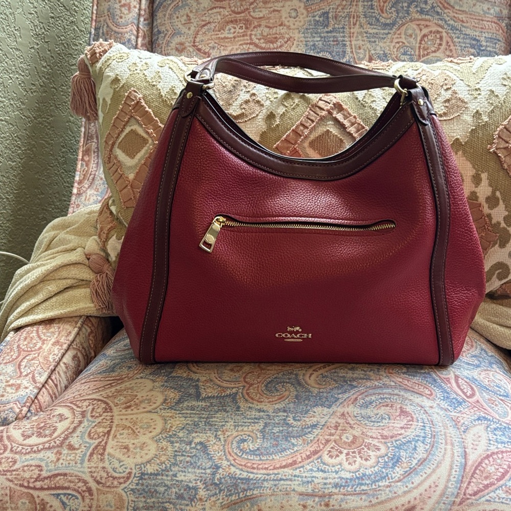 Coach Kristy Large Red Leather Shoulder Bag w Darker Red Trim and Gold Accents